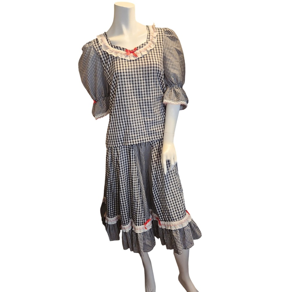 Vintage Gingham 2 Piece Set Black White Check Lace Ruffle Skirt Top Cottagecore